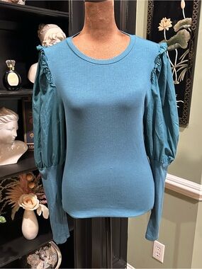 Anthropologie Sundays in Brooklyn Teal Ribbed Puff‑Shoulder Top Size Small